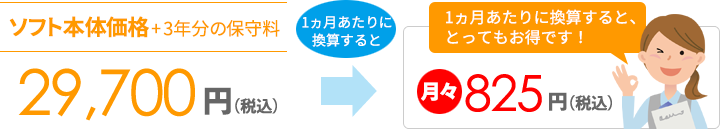 ソフト本体価格+3年分の保守料で27,000円(税抜)1ヵ月あたりに換算すると、月々750円(税抜)でとってもお得です!